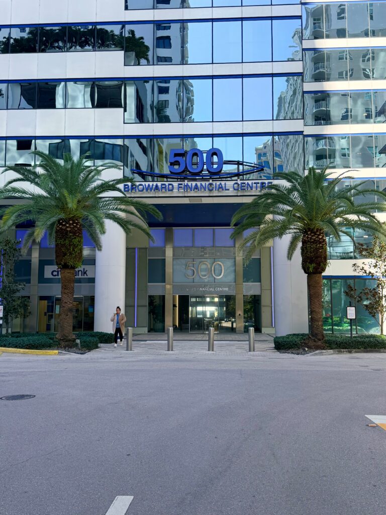 Back entrance and parking plaza of the Broward Financial Centre at 500 E. Broward Blvd, Fort Lauderdale